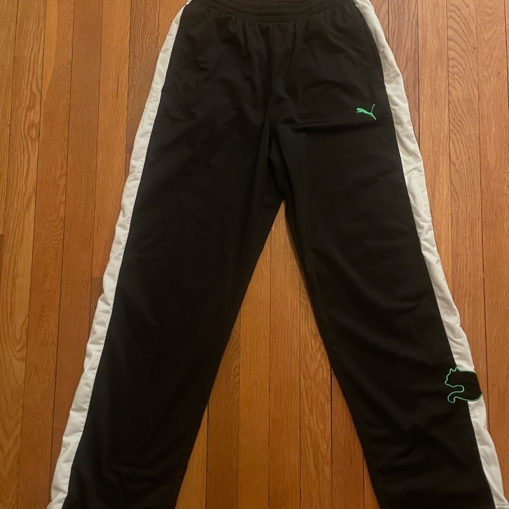 Vintage Puma Black Joggers with White Stripes and Green Logo